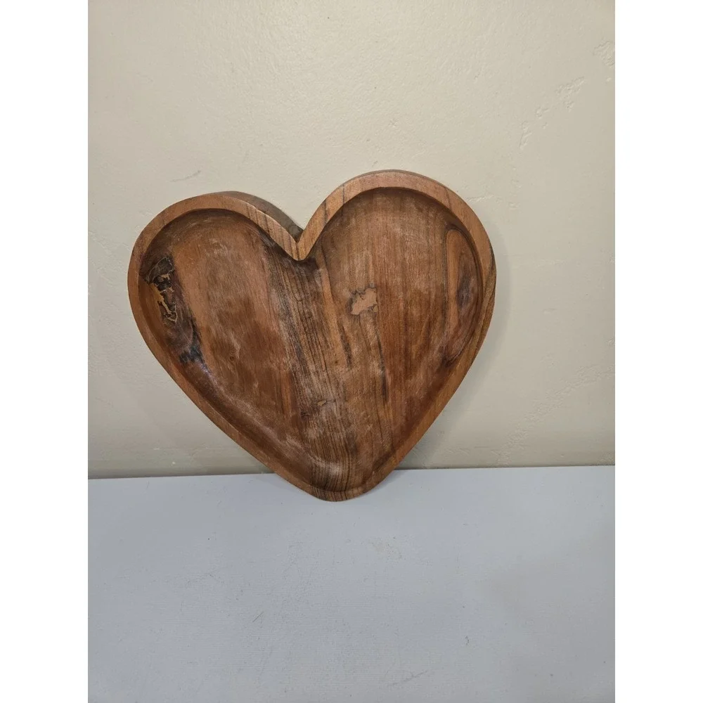 Vintage Decorative Hand-Carved Wood Heart Bowl - Rustic Country Farmhouse Decor